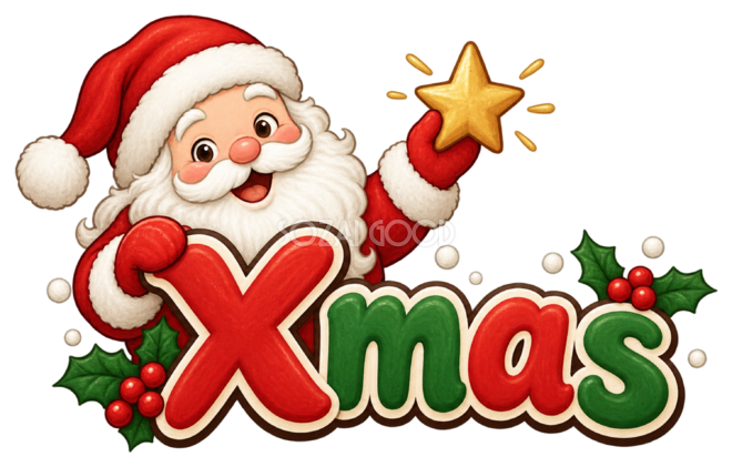 星を掲げるサンタとXmas文字のかわいいクリスマスロゴイラスト96909
