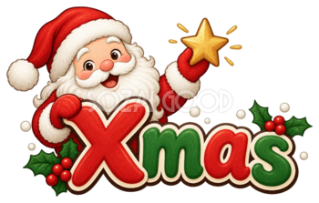 星を掲げるサンタとXmas文字のかわいいクリスマスロゴイラスト96909