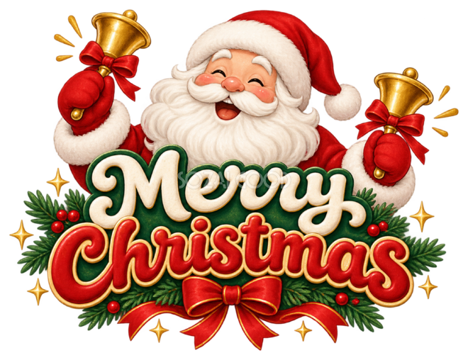 ベルを鳴らすサンタと英語文字のかわいいクリスマスロゴイラスト96910