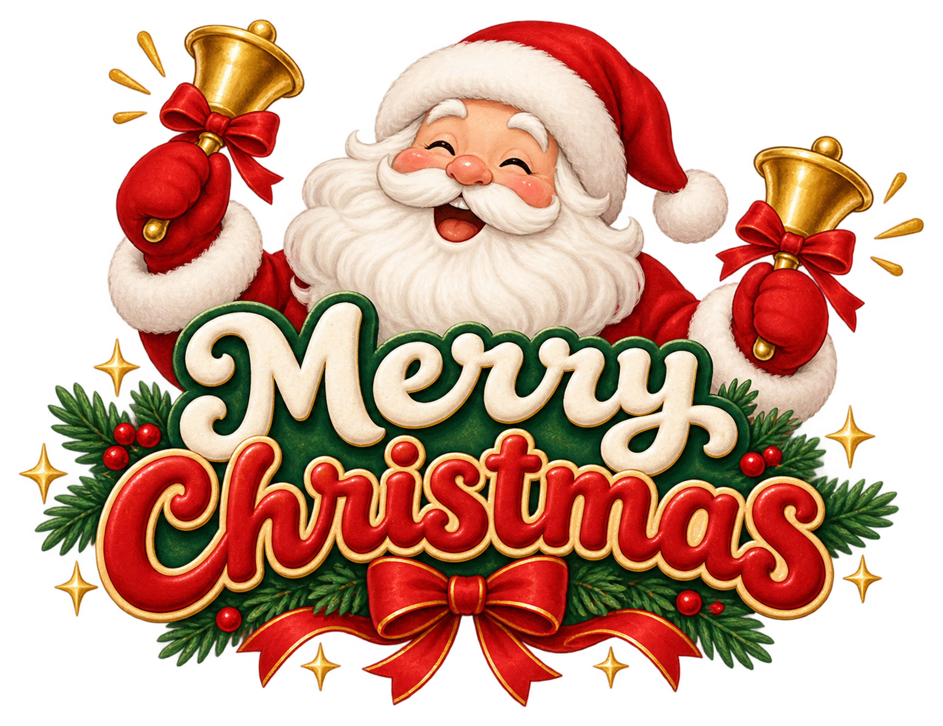ベルを鳴らすサンタと英語文字のかわいいクリスマスロゴイラスト96910に写真・文字を入れる