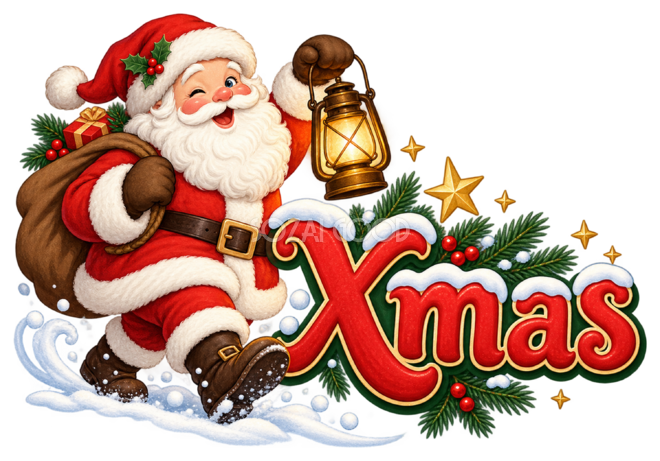 ランタンを持つサンタとXmas文字のかわいいロゴイラスト96911