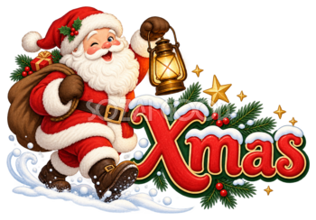 ランタンを持つサンタとXmas文字のかわいいロゴイラスト96911