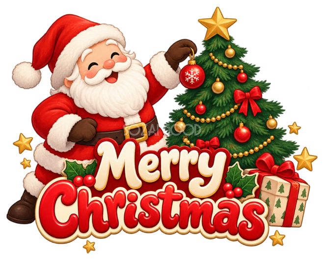 ツリーを飾るサンタと英語文字のかわいいクリスマスロゴイラスト96912