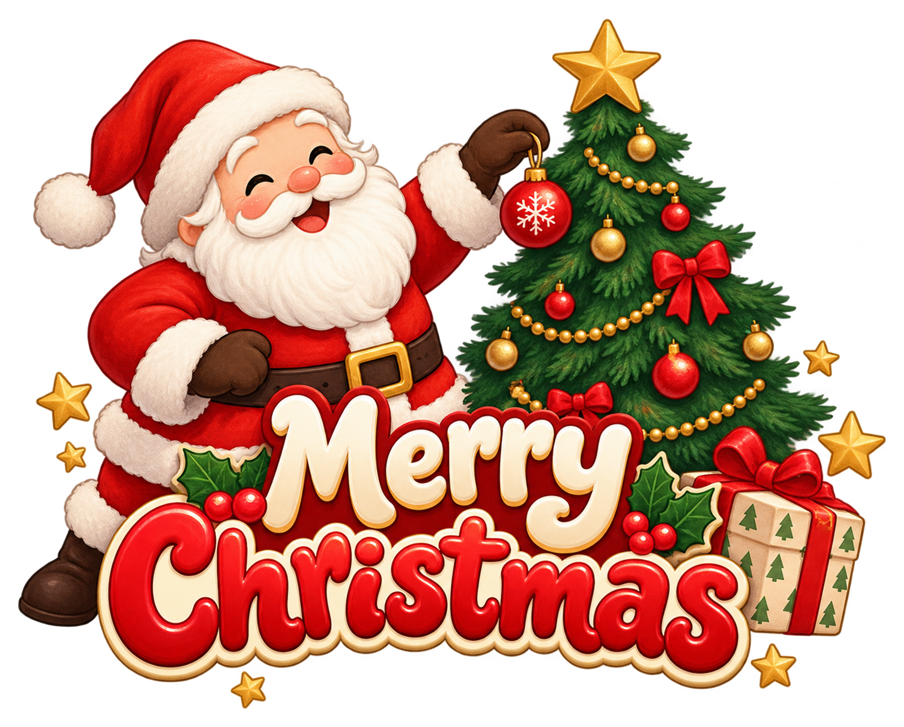 ツリーを飾るサンタと英語文字のかわいいクリスマスロゴイラスト96912に写真・文字を入れる