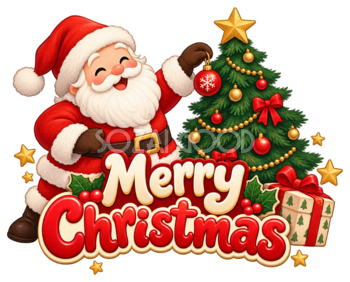 ツリーを飾るサンタと英語文字のかわいいクリスマスロゴイラスト96912