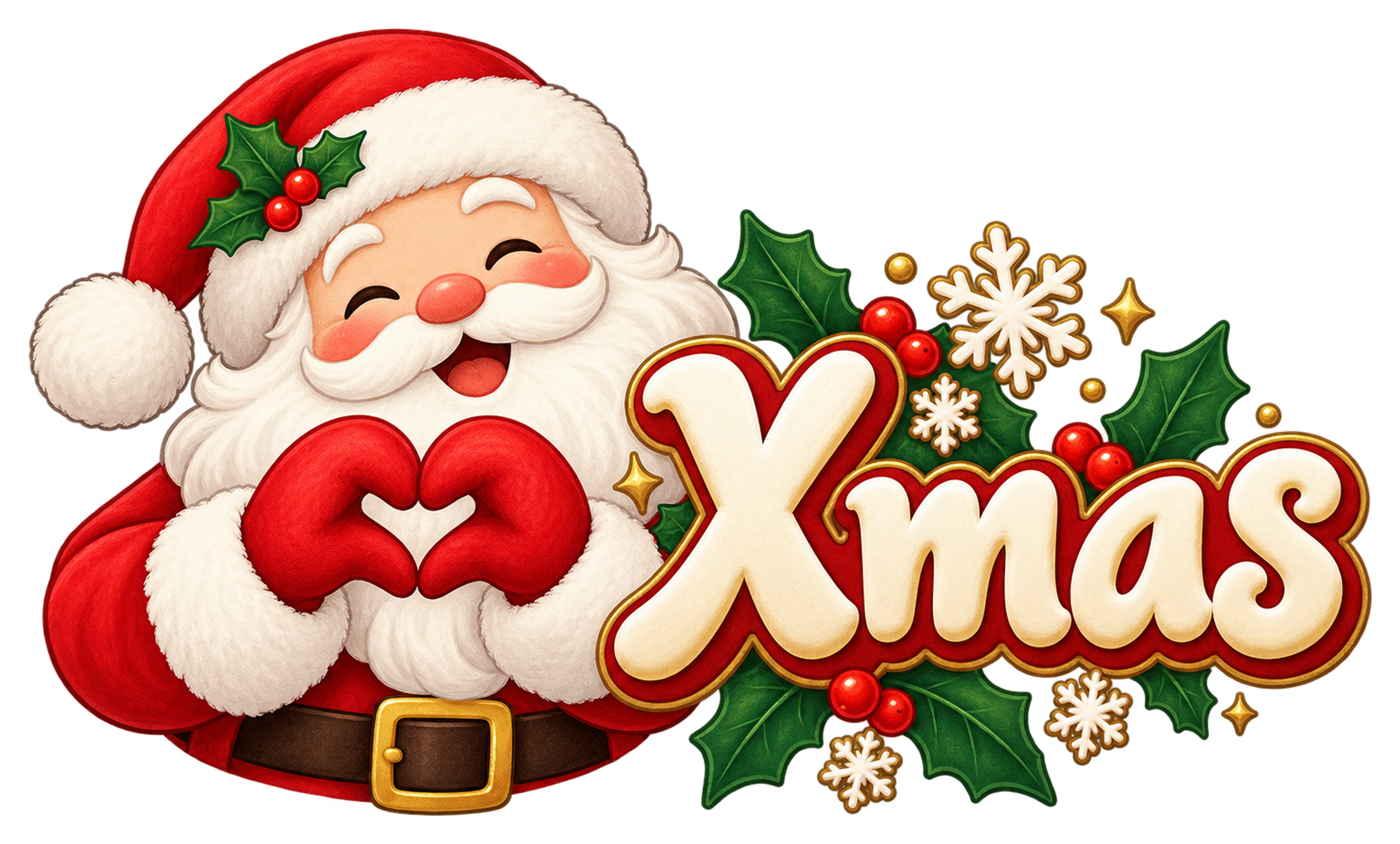 ハートポーズのサンタとXmas文字のかわいいクリスマスロゴイラスト96913に写真・文字を入れる