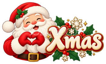 ハートポーズのサンタとXmas文字のかわいいクリスマスロゴイラスト96913