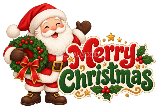 リースを持つサンタと英語文字のかわいいクリスマスロゴイラスト96914
