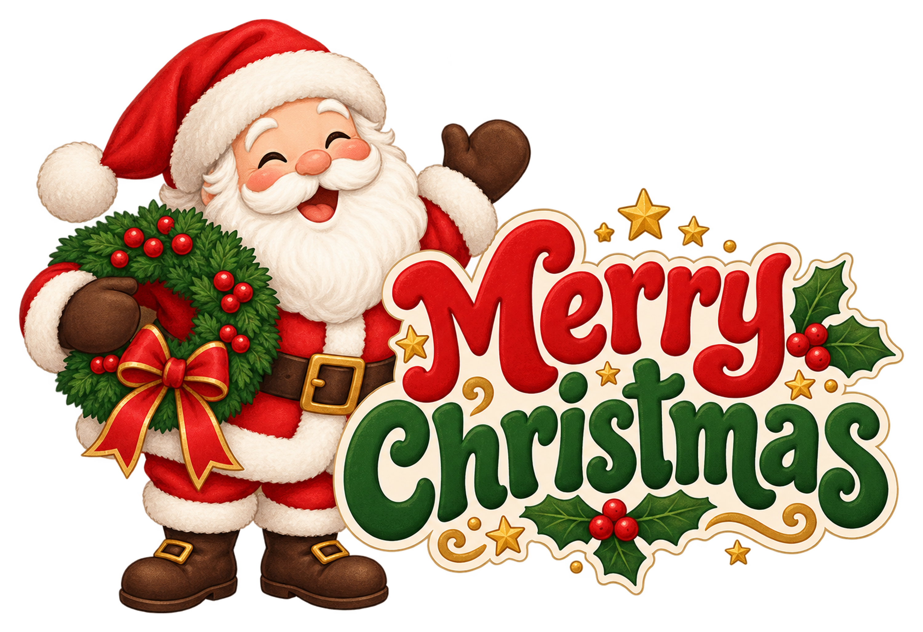 リースを持つサンタと英語文字のかわいいクリスマスロゴイラスト96914に写真・文字を入れる