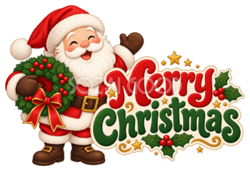 リースを持つサンタと英語文字のかわいいクリスマスロゴイラスト96914