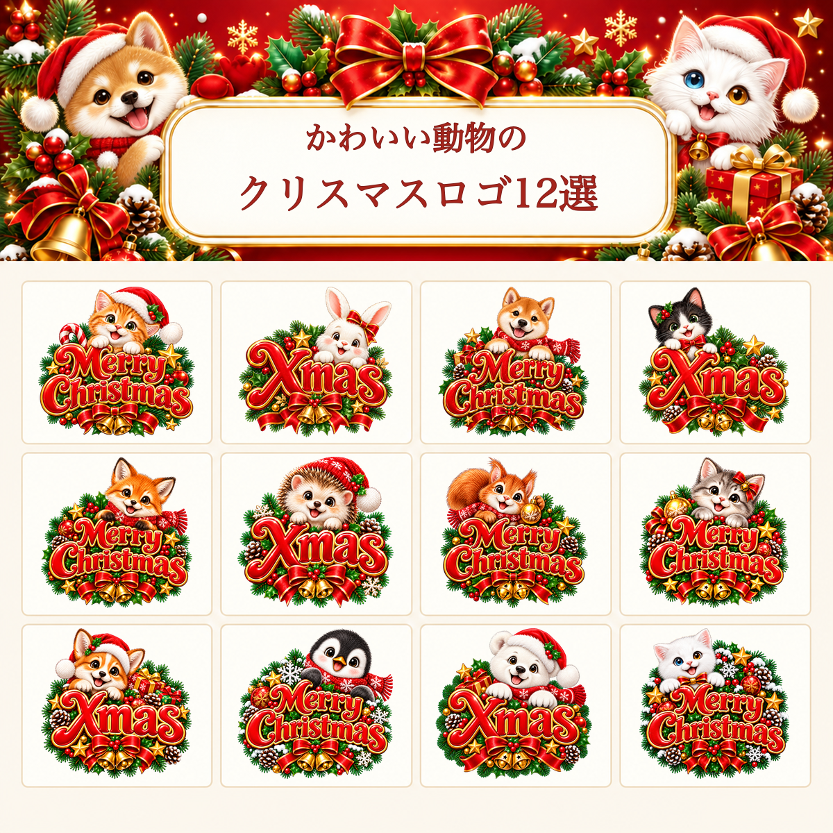 かわいい動物のクリスマスロゴ12選｜赤い文字の無料イラスト素材96915に写真・文字を入れる