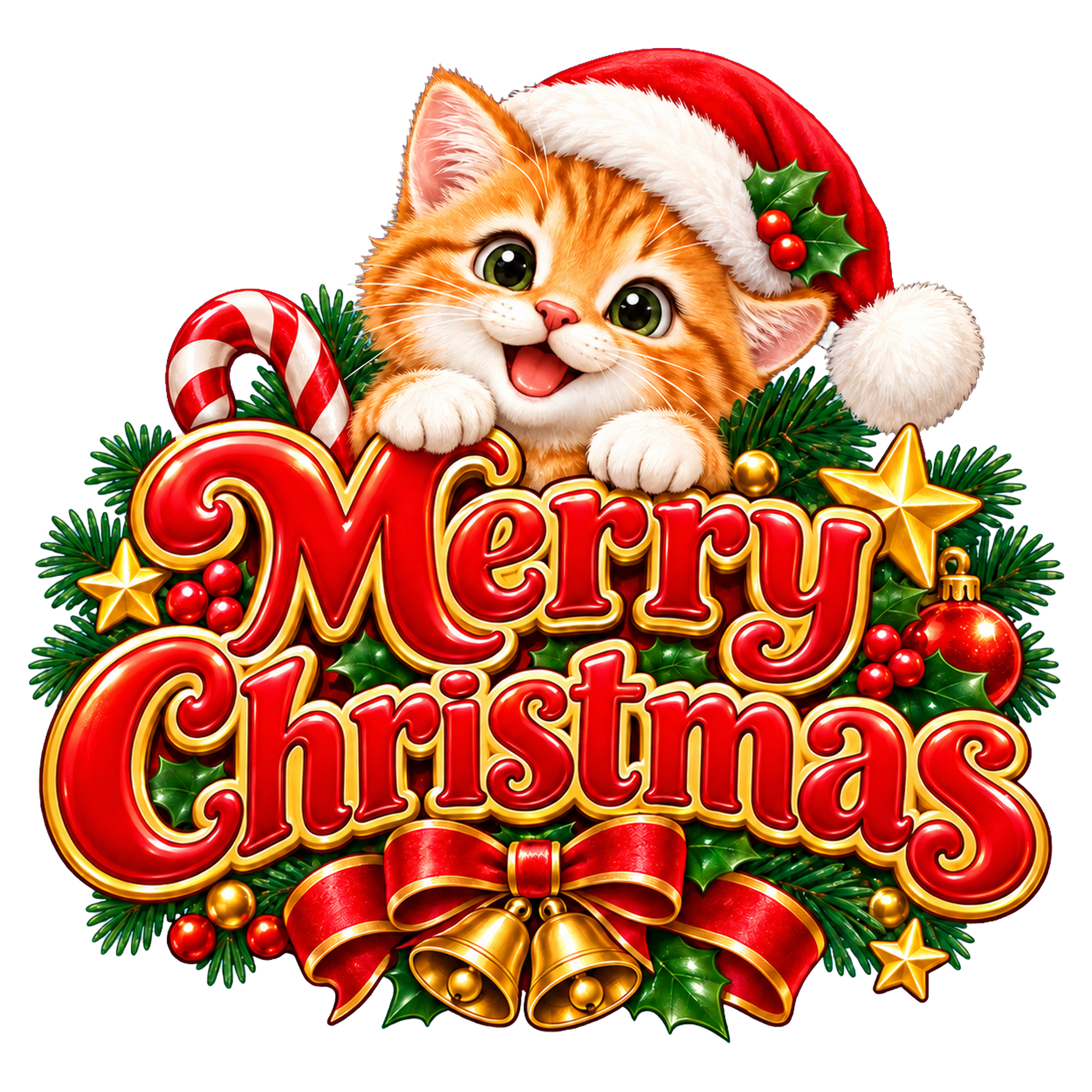 かわいい茶トラ猫のクリスマスロゴ｜赤い文字の無料イラスト素材96916に写真・文字を入れる