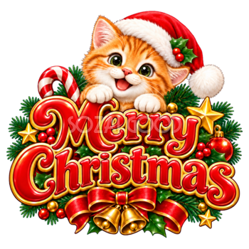 かわいい茶トラ猫のクリスマスロゴ｜赤い文字の無料イラスト素材96916
