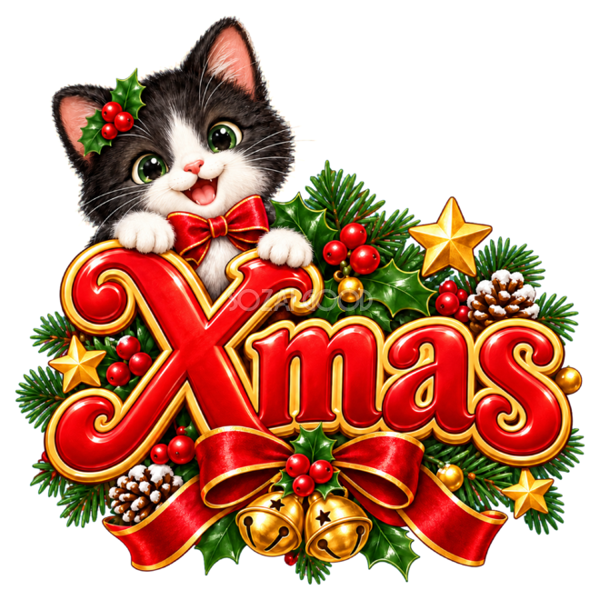 かわいい白黒猫のクリスマスロゴ｜Xmas文字の無料イラスト素材96919