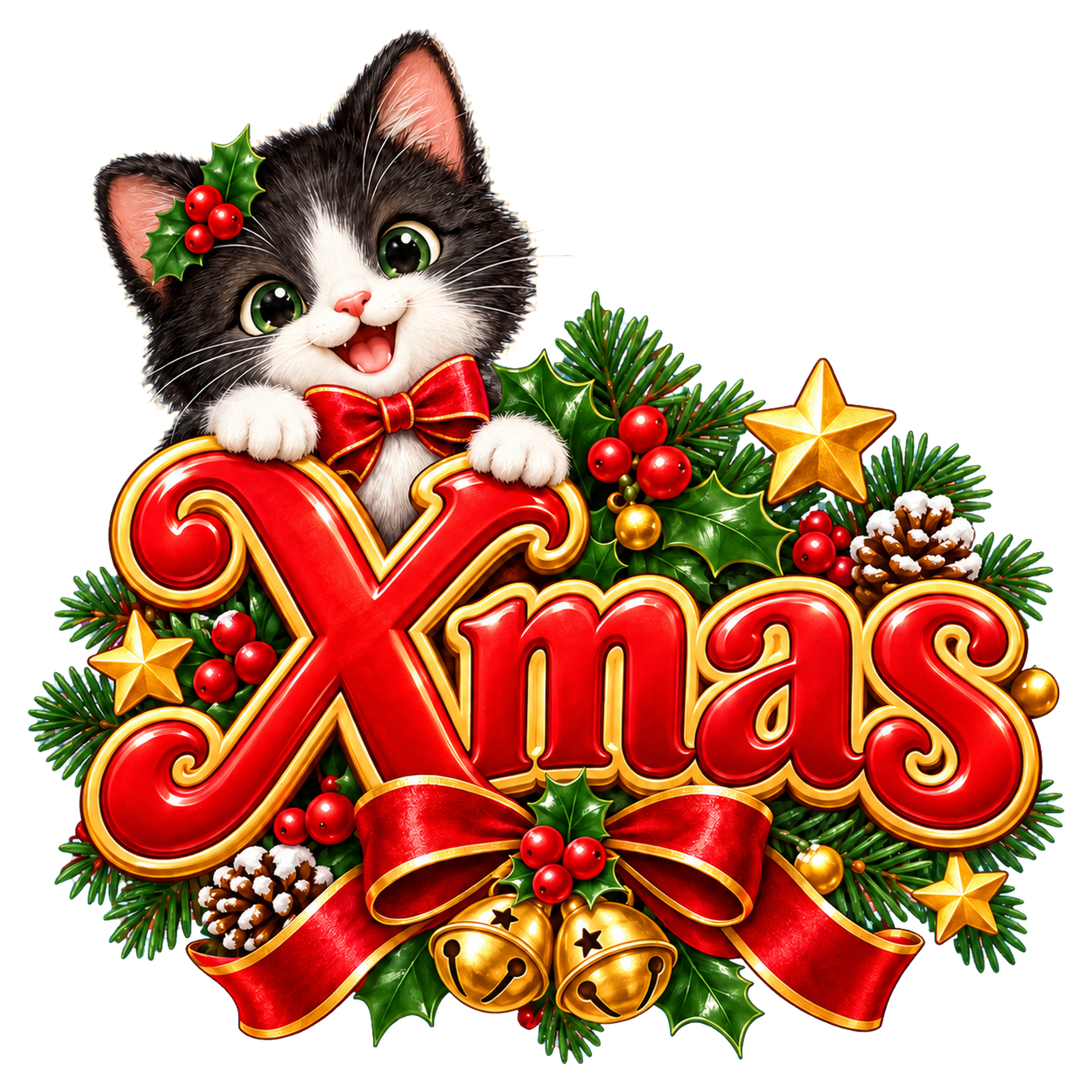かわいい白黒猫のクリスマスロゴ｜Xmas文字の無料イラスト素材96919に写真・文字を入れる