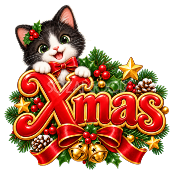 かわいい白黒猫のクリスマスロゴ｜Xmas文字の無料イラスト素材96919