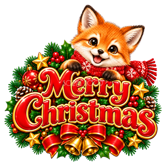 かわいいきつねのクリスマスロゴ｜赤い文字の無料イラスト素材96920