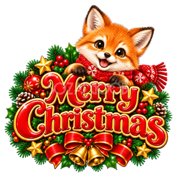 かわいいきつねのクリスマスロゴ｜赤い文字の無料イラスト素材96920