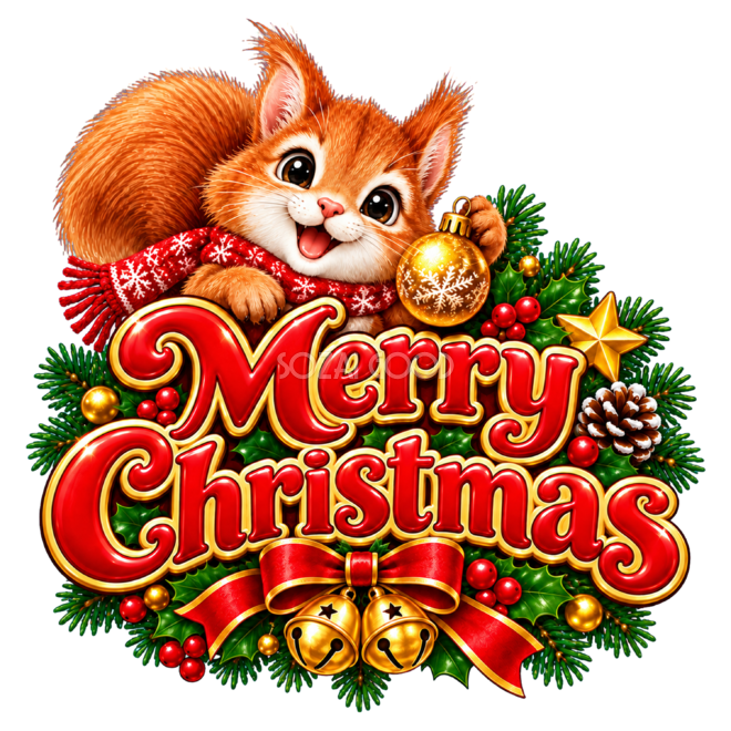 かわいいリスのクリスマスロゴ|赤い文字の無料イラスト素材96922