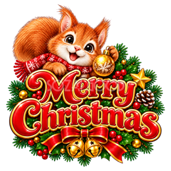 かわいいリスのクリスマスロゴ｜赤い文字の無料イラスト素材96922