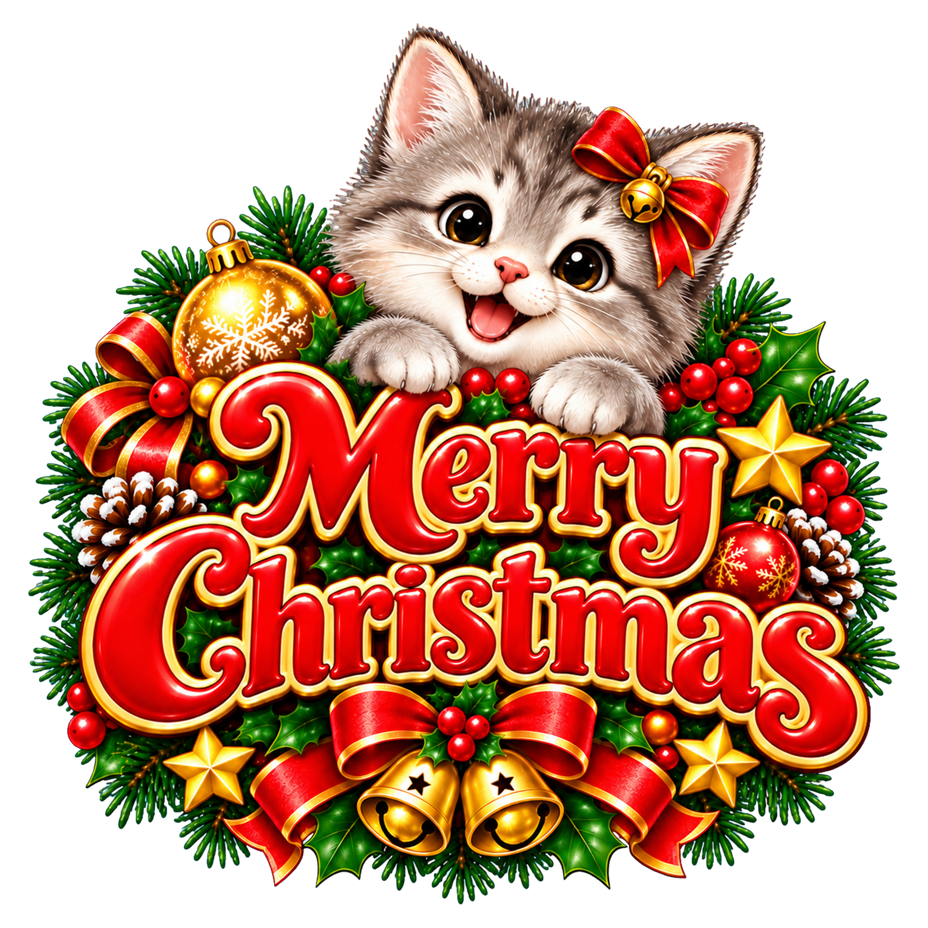 かわいいグレー猫のクリスマスロゴ｜赤い文字の無料イラスト素材96923に写真・文字を入れる