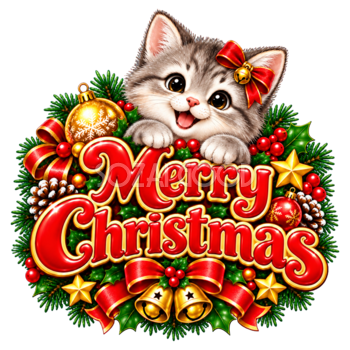 かわいいグレー猫のクリスマスロゴ｜赤い文字の無料イラスト素材96923