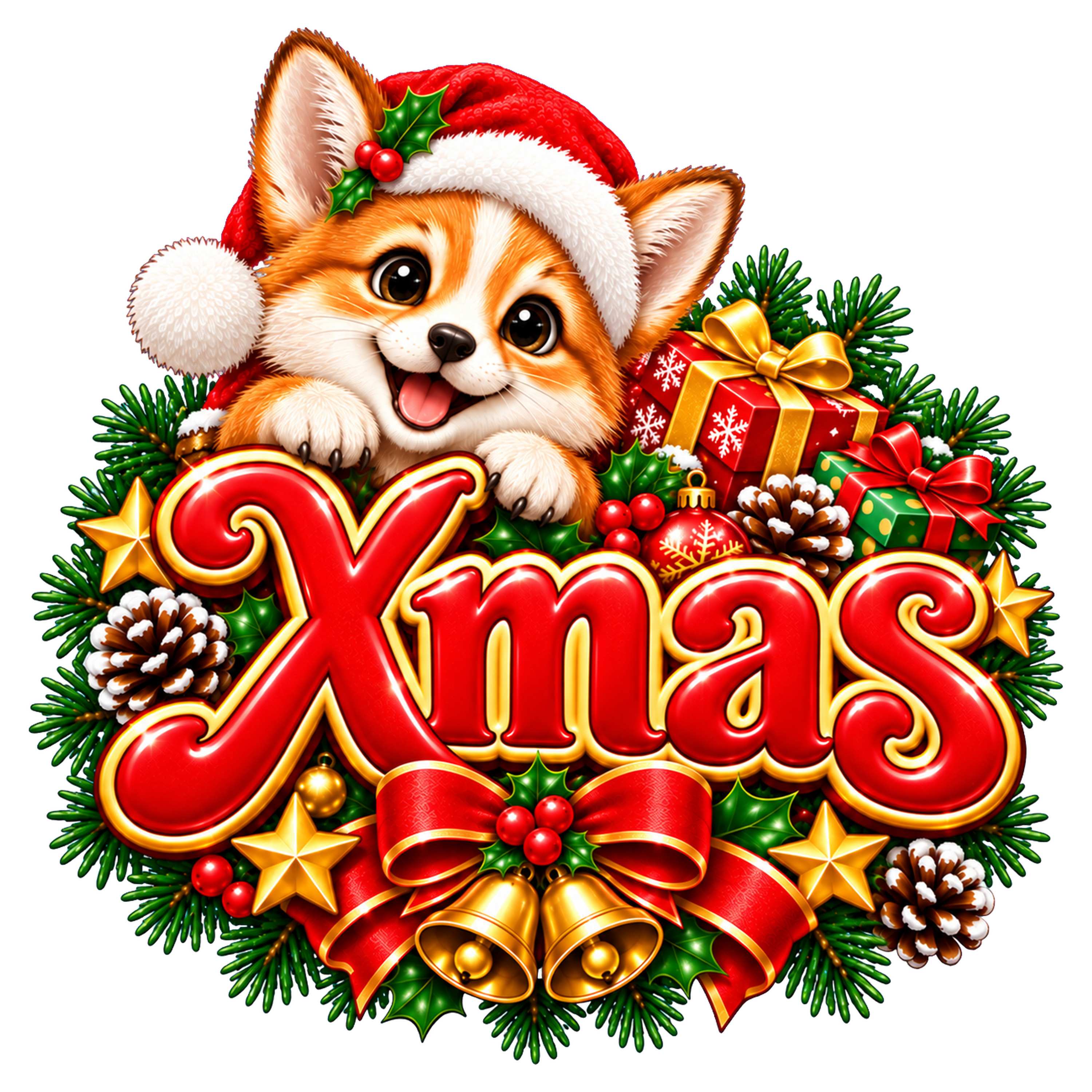かわいいコーギーのクリスマスロゴ｜Xmas文字の無料イラスト素材96924に写真・文字を入れる