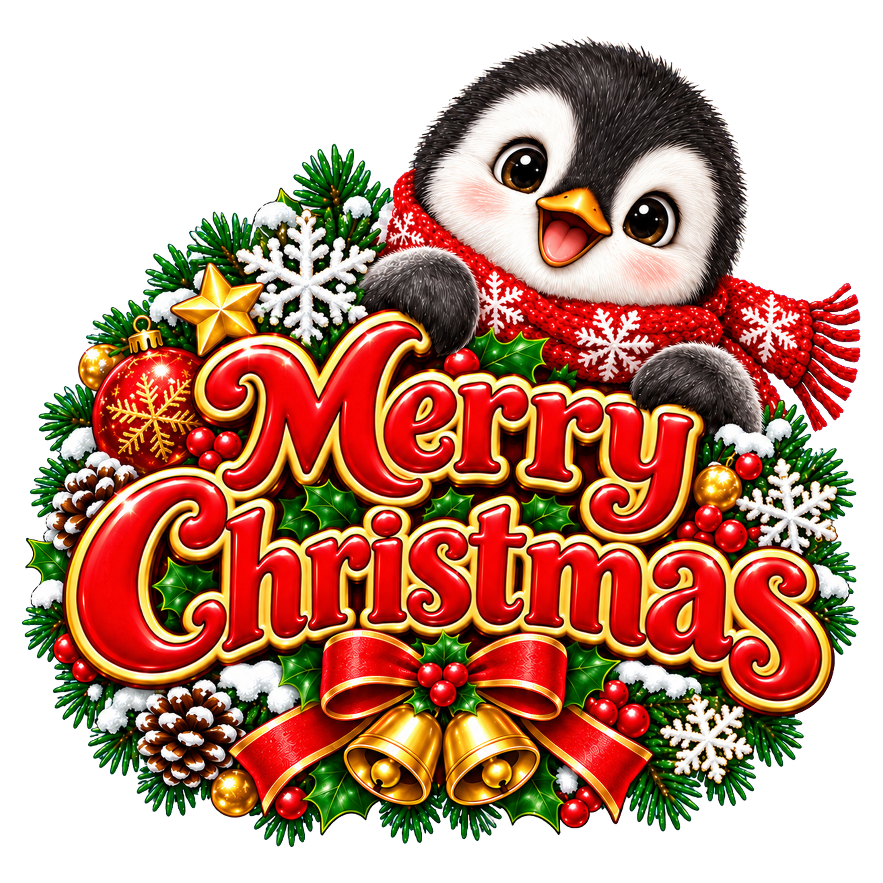 かわいいペンギンのクリスマスロゴ｜赤い文字の無料イラスト素材96925に写真・文字を入れる