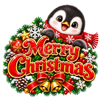 かわいいペンギンのクリスマスロゴ｜赤い文字の無料イラスト素材96925