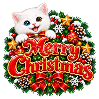 かわいいオッドアイの白猫のクリスマスロゴ｜赤い文字の無料イラスト素材96927