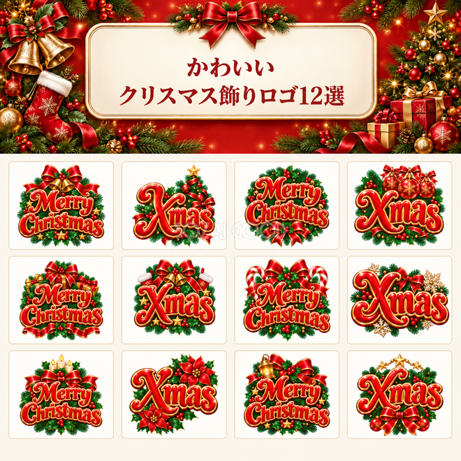 クリスマス飾りロゴ12選｜かわいい赤文字の無料イラスト素材96928
