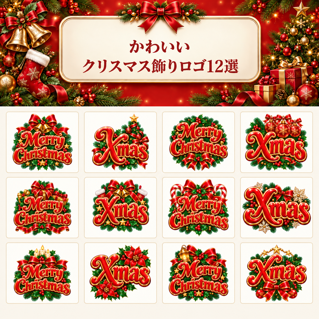 クリスマス飾りロゴ12選｜かわいい赤文字の無料イラスト素材96928に写真・文字を入れる
