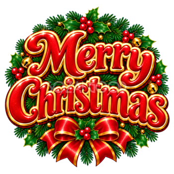 リースのクリスマスロゴ｜かわいい赤文字の無料イラスト素材96931