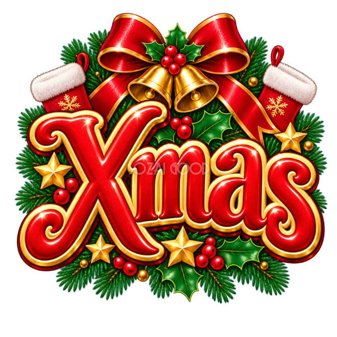 靴下のクリスマスロゴ｜かわいい赤文字の無料イラスト素材96934