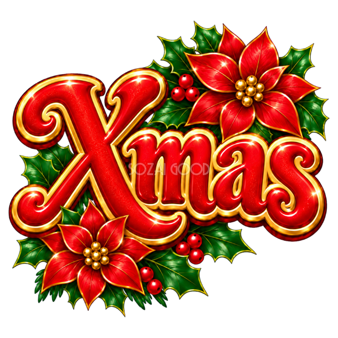 ポインセチアのクリスマスロゴ｜かわいい赤文字の無料イラスト素材96938