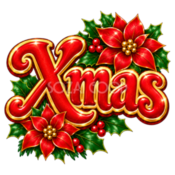 ポインセチアのクリスマスロゴ｜かわいい赤文字の無料イラスト素材96938