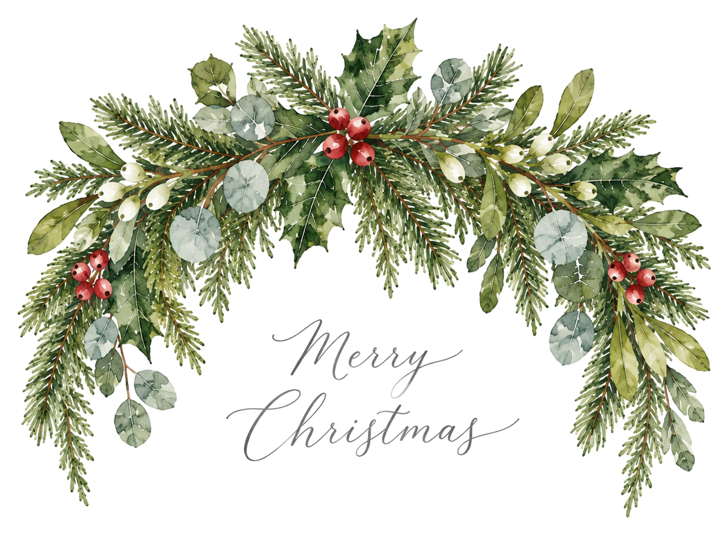 ヒイラギと実のボタニカルクリスマスロゴ｜上飾りと水彩文字の無料イラスト96958に写真・文字を入れる