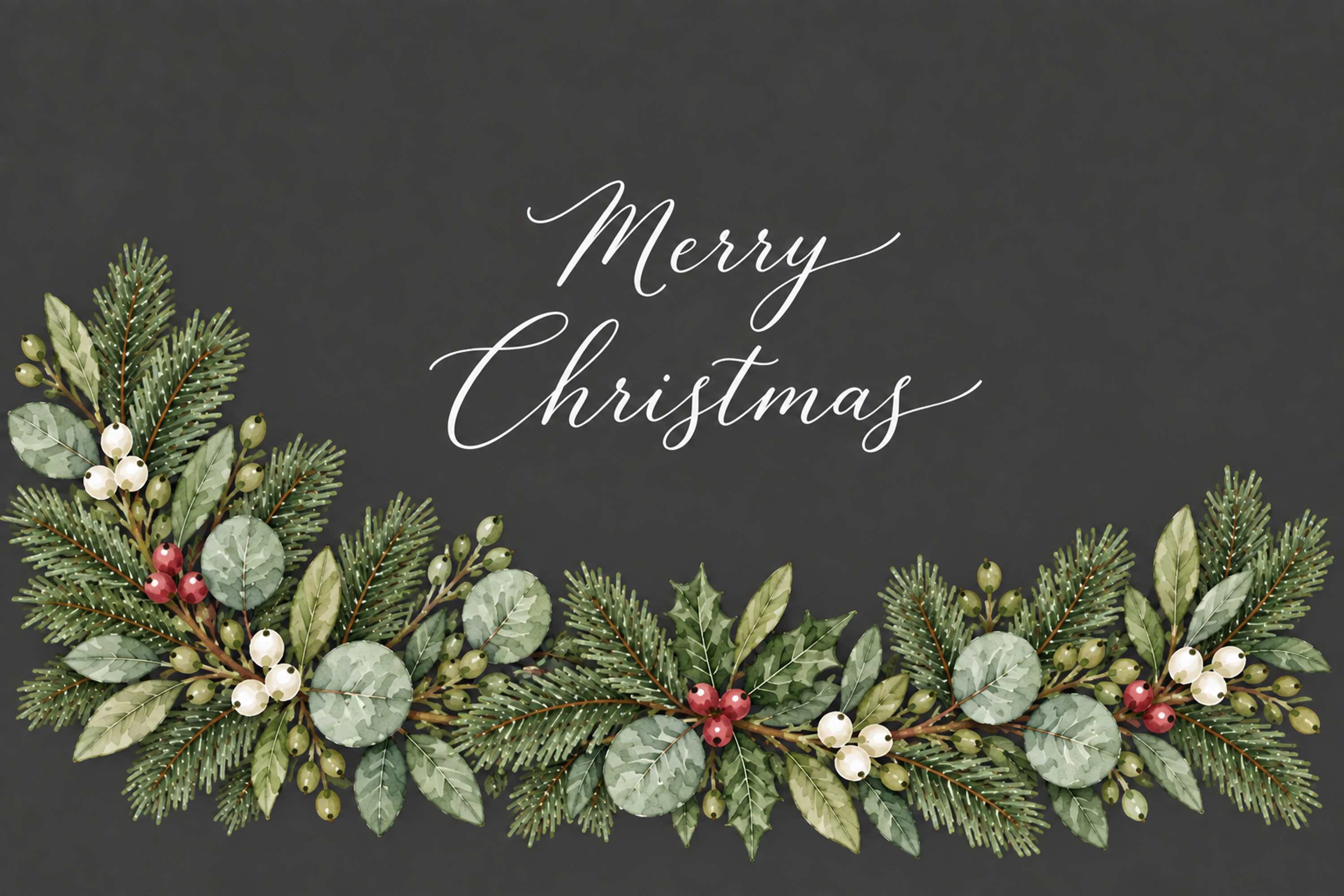 下辺を彩る豊かなグリーン｜ボタニカルのクリスマスメッセージカード・無料イラスト96976に写真・文字を入れる