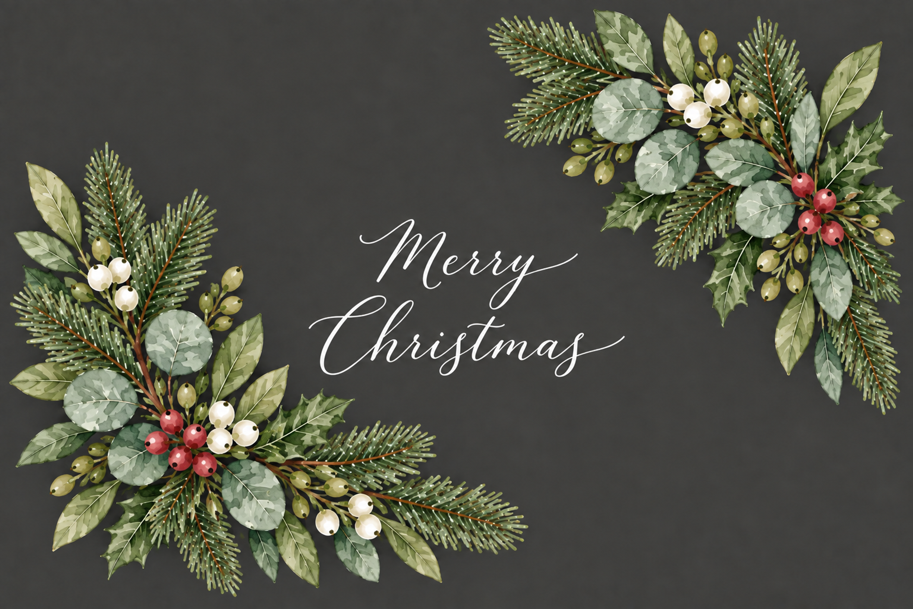 左右に分かれた枝飾り｜ボタニカルのクリスマスメッセージカード・無料イラスト96982に写真・文字を入れる