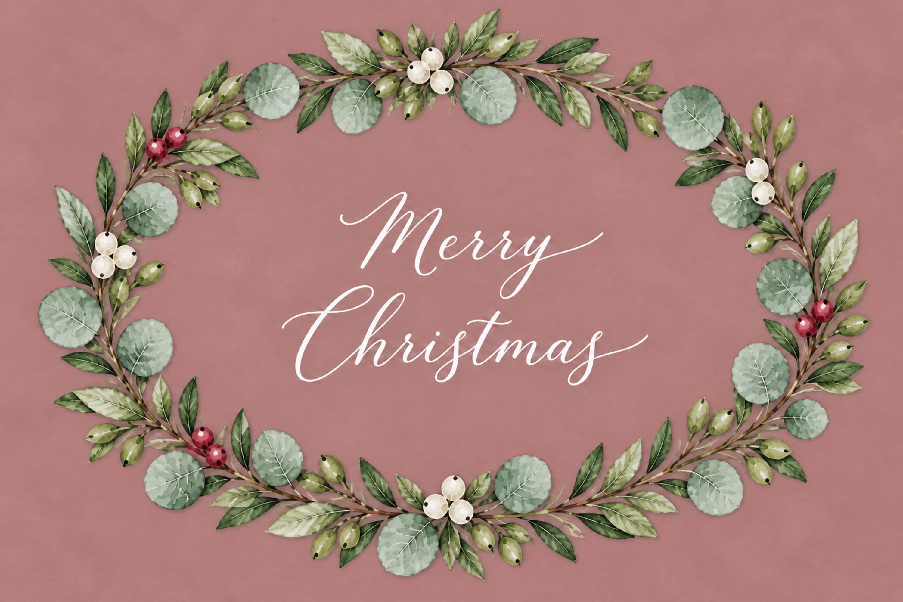 ユーカリリースのボタニカル・クリスマスメッセージカード｜くすみピンクの水彩イラスト96988に写真・文字を入れる