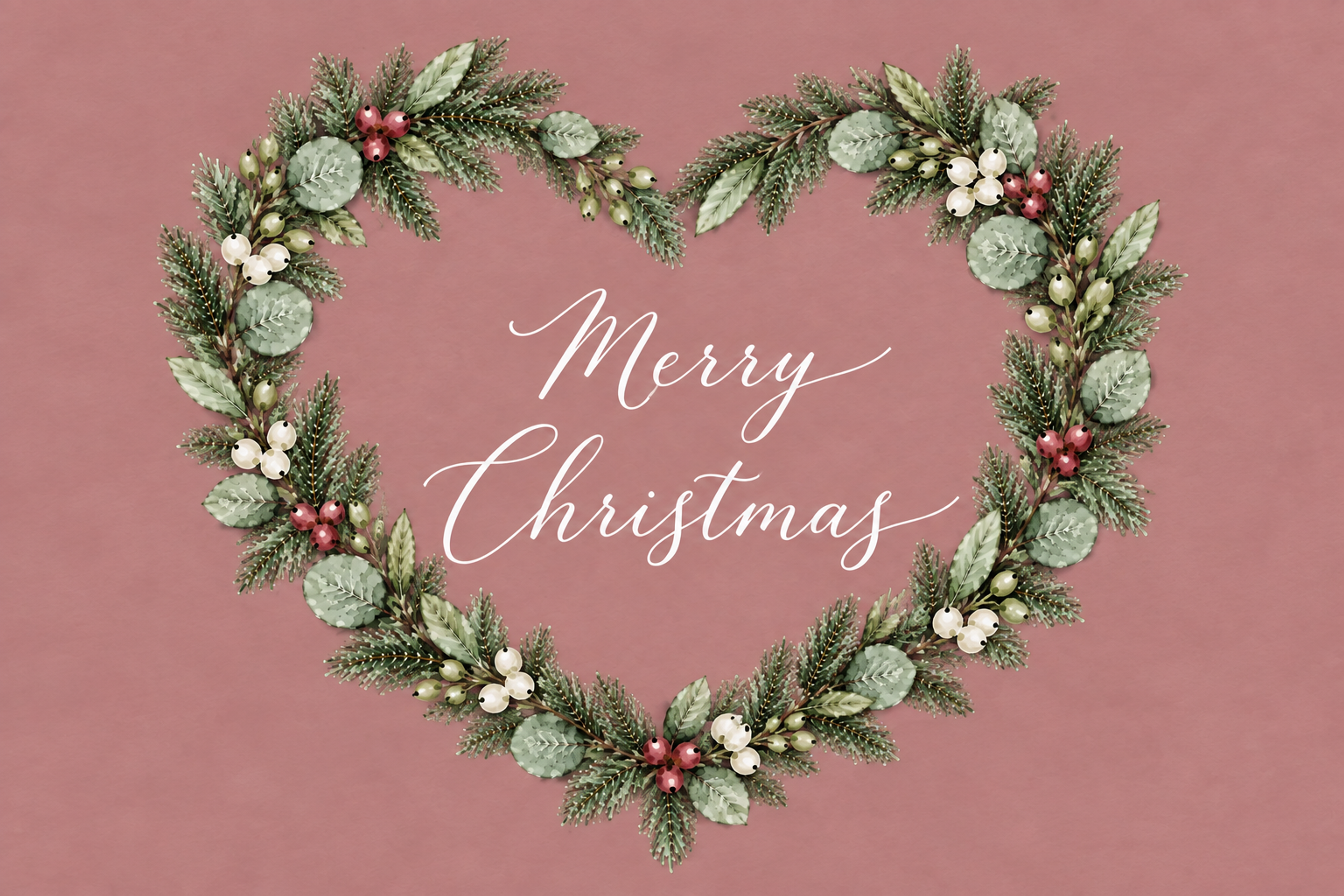 ハートリースのボタニカル・クリスマスメッセージカード｜くすみピンクの水彩イラスト96999に写真・文字を入れる