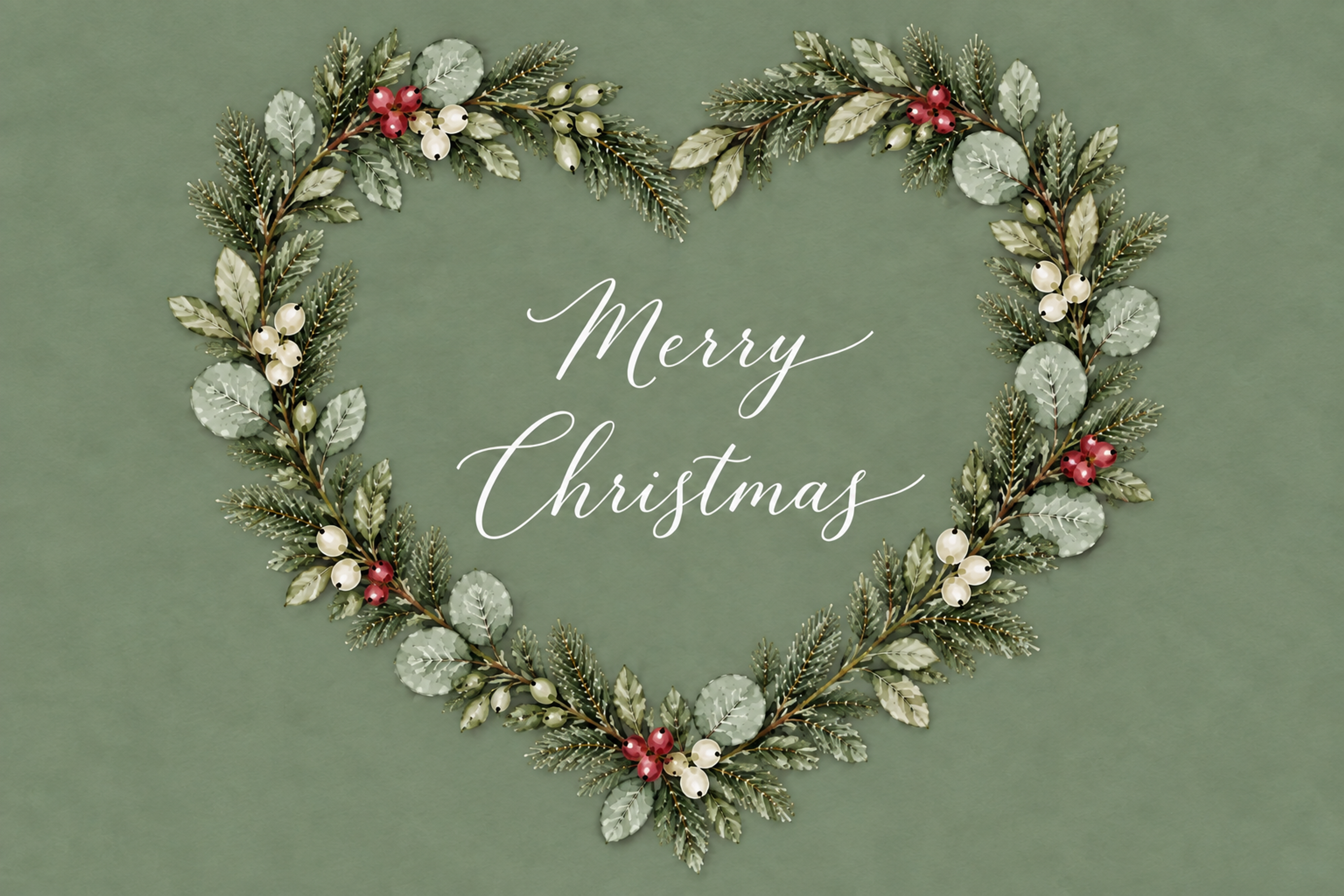 ハートリースのボタニカル・クリスマスメッセージカード｜くすみグリーンの水彩イラスト97020に写真・文字を入れる