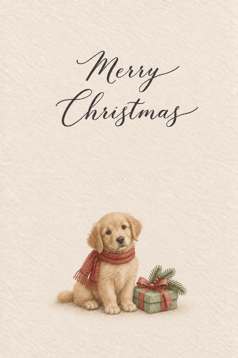 赤いマフラーの子犬のクリスマス|メッセージカードの無料イラスト97104
