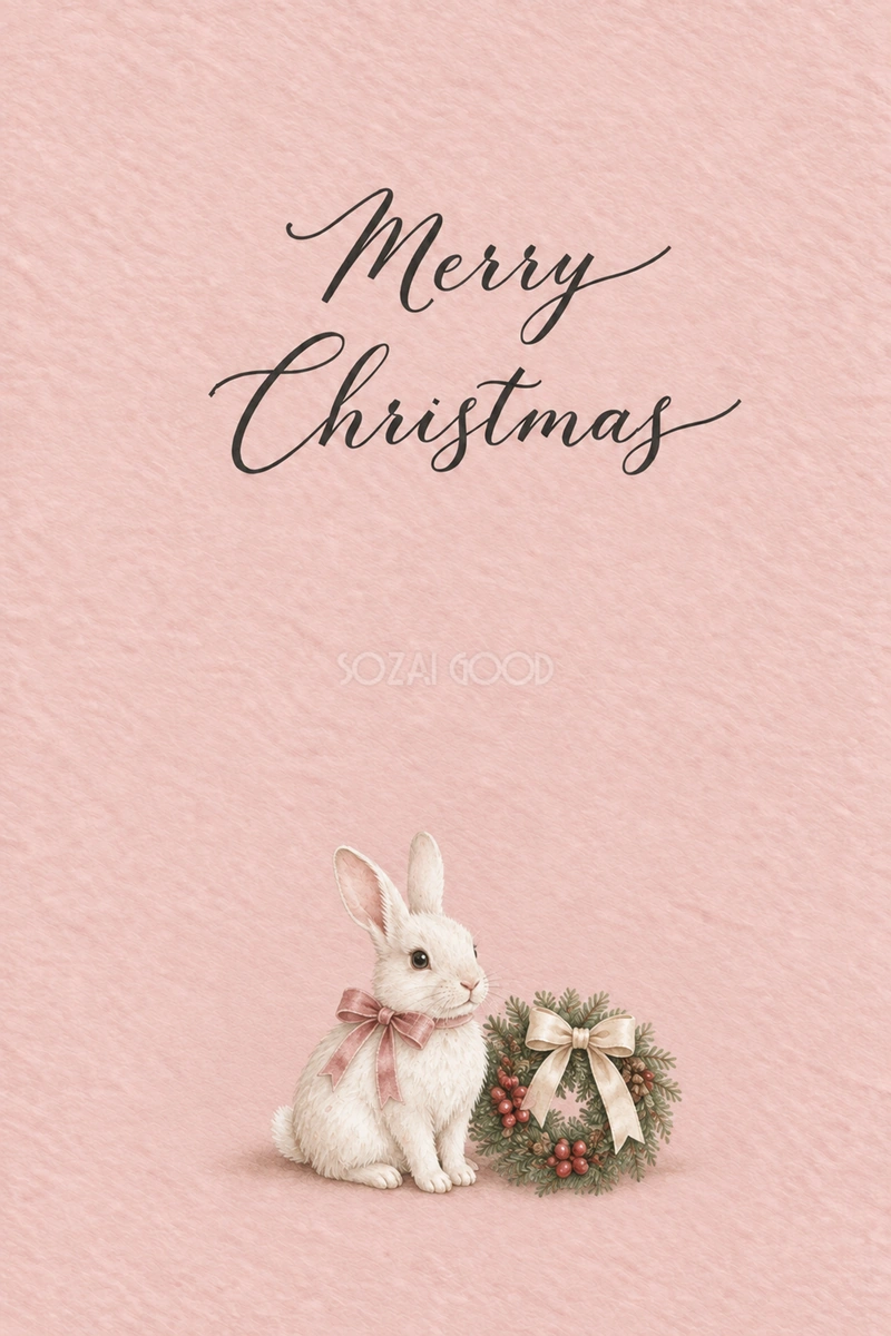 白いうさぎとリースのクリスマス|メッセージカードの無料イラスト97106