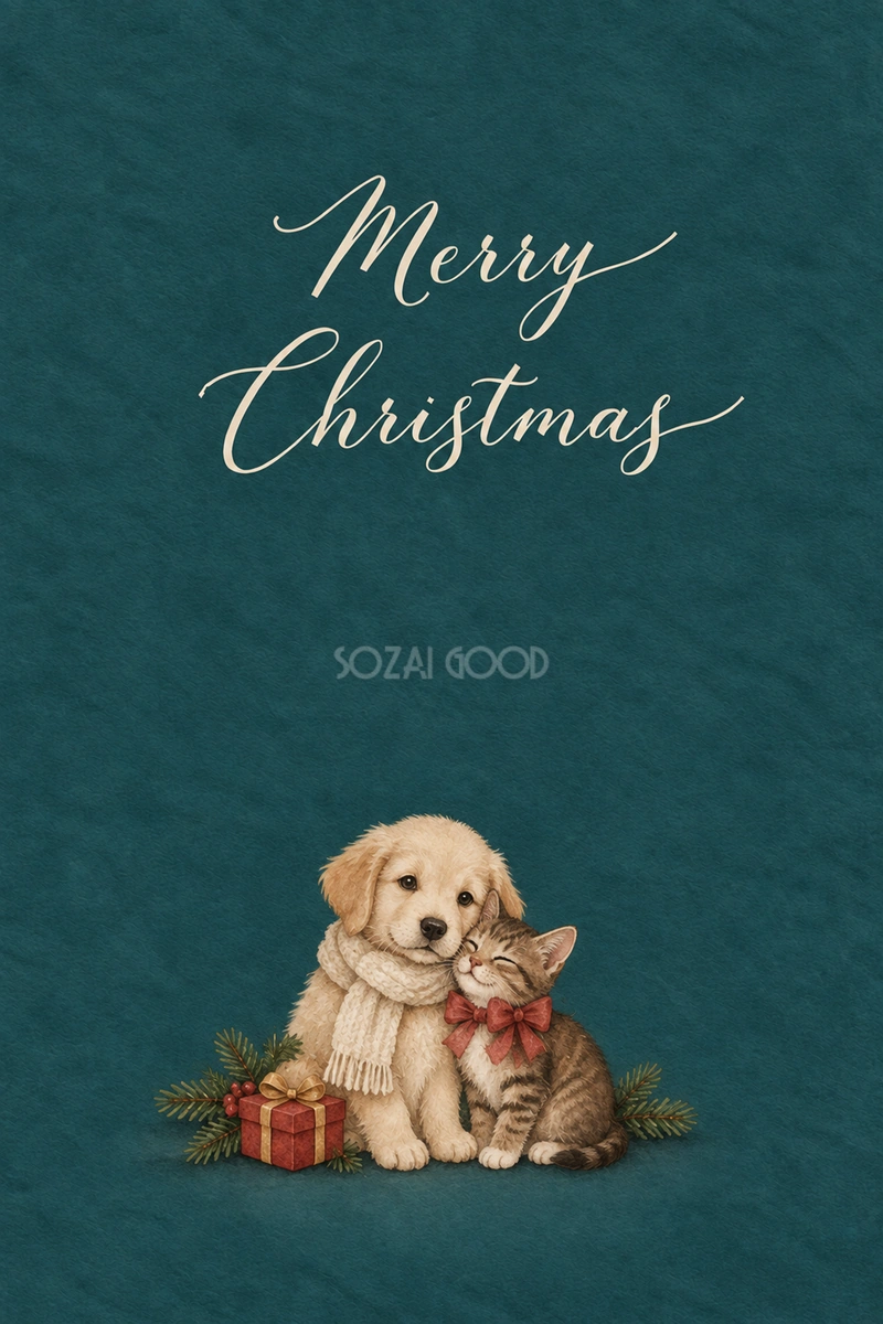 寄り添う子犬と子猫のクリスマス|メッセージカードの無料イラスト97111