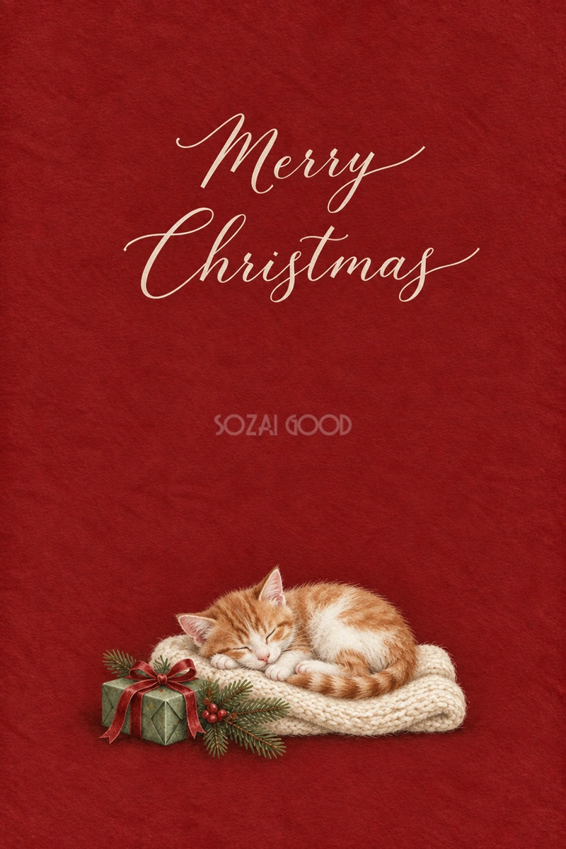 ブランケットで眠る子猫のクリスマス|メッセージカードの無料イラスト97113