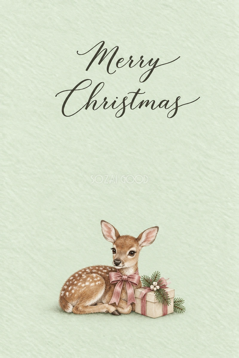 ピンクのリボンの小鹿のクリスマス|メッセージカードの無料イラスト97114