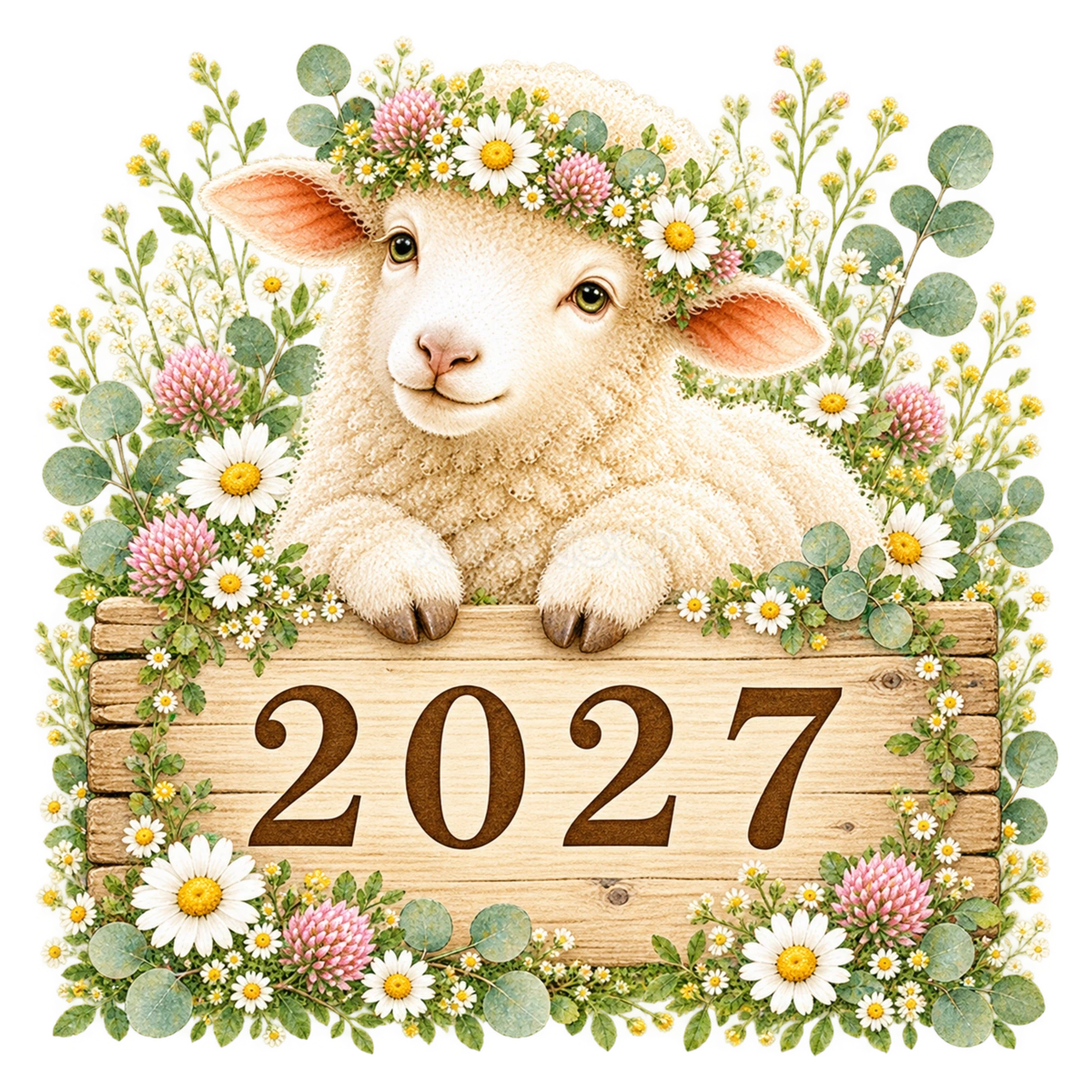 2027文字・ロゴと花冠のかわいい羊|未年の無料イラスト97117