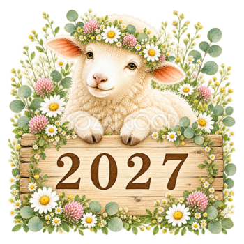 2027文字・ロゴと花冠のかわいい羊｜未年の無料イラスト97117