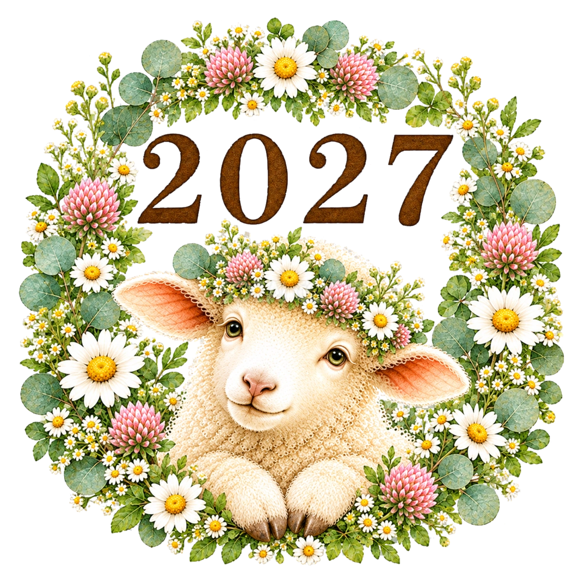 2027文字・ロゴと花輪のかわいい羊|未年の無料イラスト97119